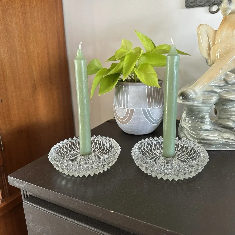 VTG Set Of 2 Crystal Round Cut Glass Candlestick Holders MCM Elegant Decor 5